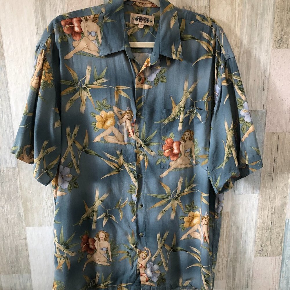 Vintage Y2K Campia Moda Blue Cream Tropical Bathing Beauties Shirt Men's size M